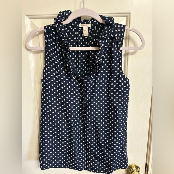 J. Crew Navy & White Polka Dot Ruffle Sleeveless Top 100% Silk Size 0 - Picture 1 of 3